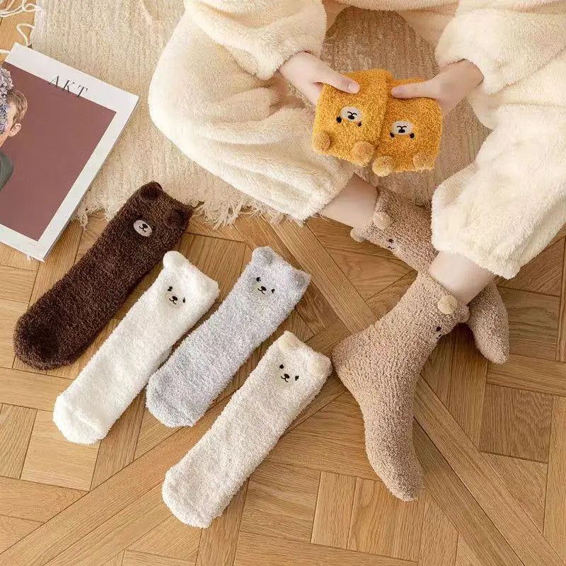 6 pairs of autumn winter coral fleece socks warm bear thick embroidery cartoon simple  comfortable mid tube socks
