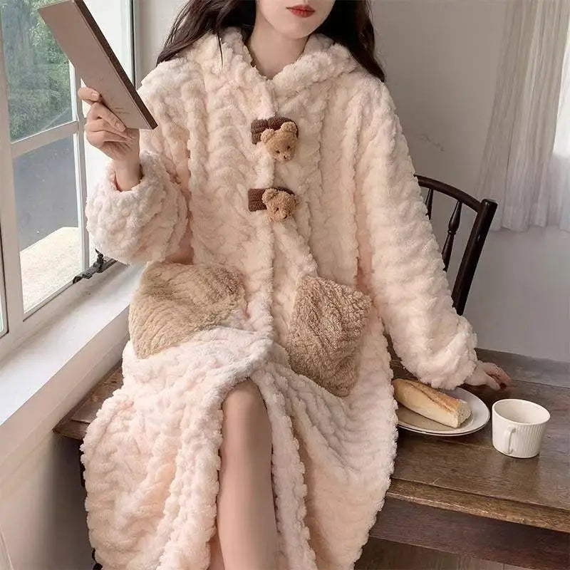 Korean Style Long Hooded Coral Fleece Sleepwear Women's Thickened Autumn Winter New Arrival Comfortable Home Leisure Robe