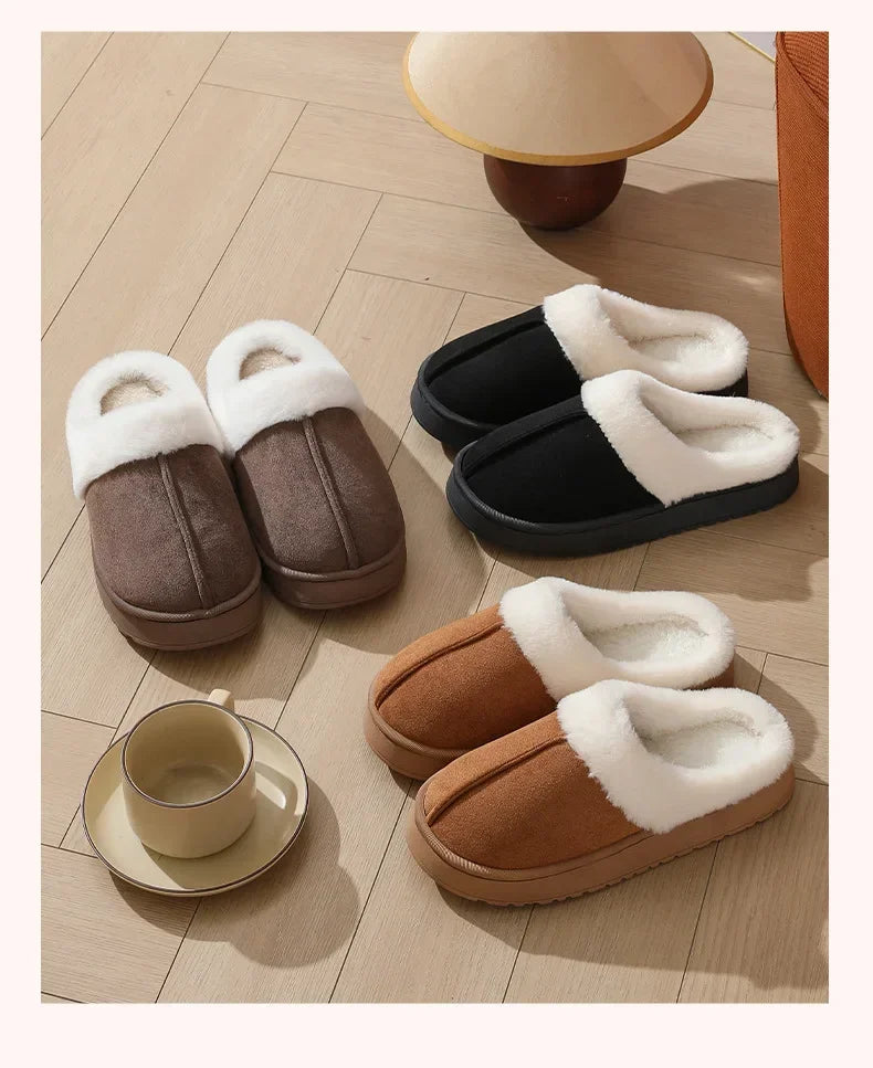 Women's plush slippers winter outdoor, thick sole non-slip fur flip flops with fur collar, warm unisex house shoes for home use