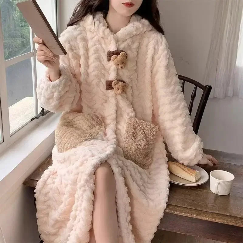 Korean Style Long Hooded Coral Fleece Sleepwear Women's Thickened Autumn Winter New Arrival Comfortable Home Leisure Robe