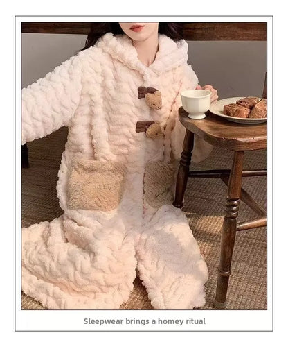 Korean Style Long Hooded Coral Fleece Sleepwear Women's Thickened Autumn Winter New Arrival Comfortable Home Leisure Robe