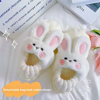 Women's Home Slippers Rabbit Fur Cotton Warm Anti-Slip Winter Outdoor Wearable Sweet Style Soft Cotton Lined House Shoes