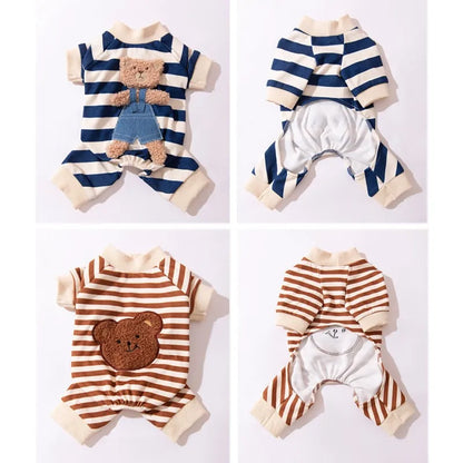 Striped Pet Dog Jumpsuit Spring Autumn Medium Small Dog Clothes Cute Bear Pattern Pet Pajamas Kitten Puppy Sweatshirt Dog Coat