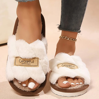 Women's Plush Fuzzy Slippers Home Fur Open-Toe Slides Autumn Winter Indoor Silent Comfort EVA Soft-Soled Bedroom Warm Flip Flops