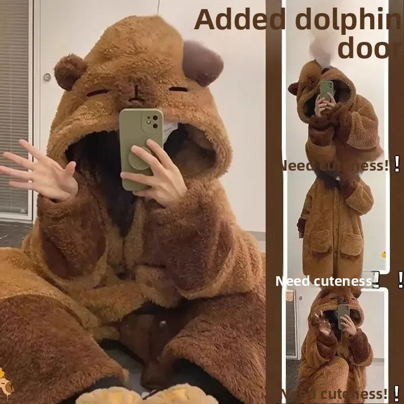 Cute Plush Bear Robe Women's Autumn Winter Coral Fleece Thickened One-Piece Sleepwear Home Clothes Robe Comfortable Homewear