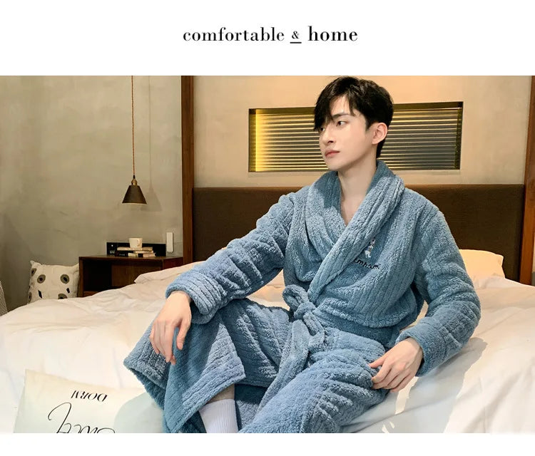 Turn-down V-neck Robes for Men 2025 New Winter Warm Flannel Robes Solid Soft Thick Fleece Sleepwear Male Casual Loose Home Wear