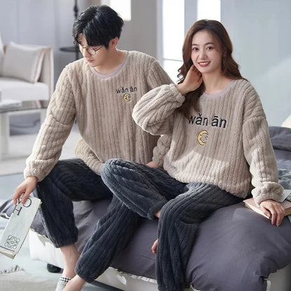 Thickened Coral Fleece Long Sleeve Sleepwear for Couples Spring Autumn Winter Flannel Warm Home Clothes Men Women Winter Home Py