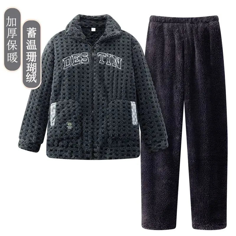 2025 Autumn Winter Coral Fleece Thickened Flannel Sleepwear Home Clothes Set for Men Breathable Long Sleeve Long Pants Pajamas