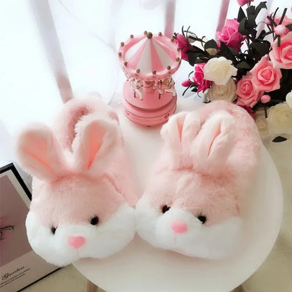 Thickened Plush Home Slippers for Men And Women Cute Rabbit Design Indoor Couples Cotton Slippers with Heel Indoor Shoes
