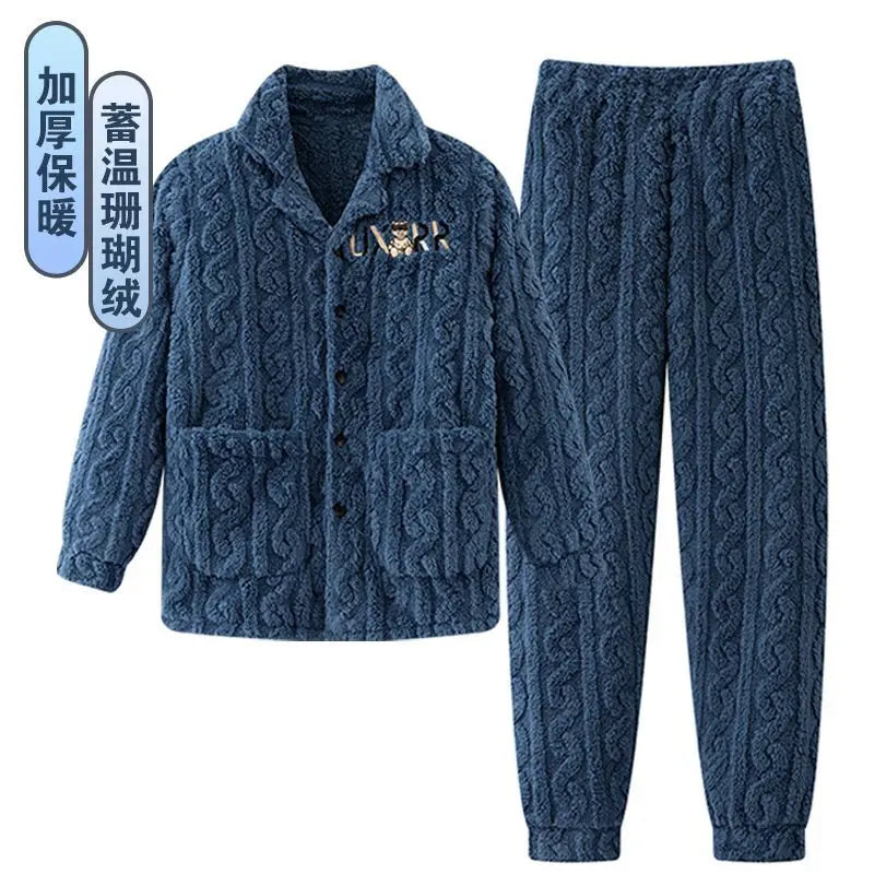 2025 Autumn Winter Coral Fleece Thickened Flannel Sleepwear Home Clothes Set for Men Breathable Long Sleeve Long Pants Pajamas
