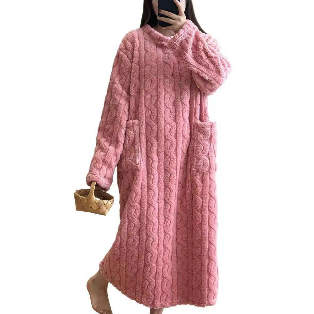 Winter Long Sleeve Flannel Nightgowns Women Loose Double Pocket Solid Sleepwear Jacquard Night Dress Thickened Warm Nightdress
