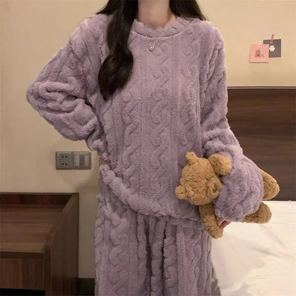 Autumn Winter Sweet Coral Fleece Pajamas Women Fleece-lined Thickened 2025 New Zip-up Flannel Warm Home Wear Set