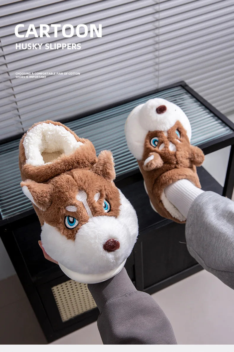Men Home Cotton Slippers Cute Cartoon Dog Winter Warm Shoes For Couples Soft Plush Anti-slip Male Female Indoor Fluffy Slides