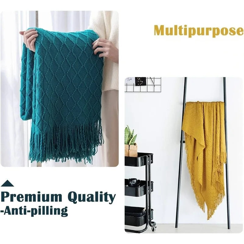 Plaid tricoté oversized à pompons — Chaleur boho & cocooning visuel