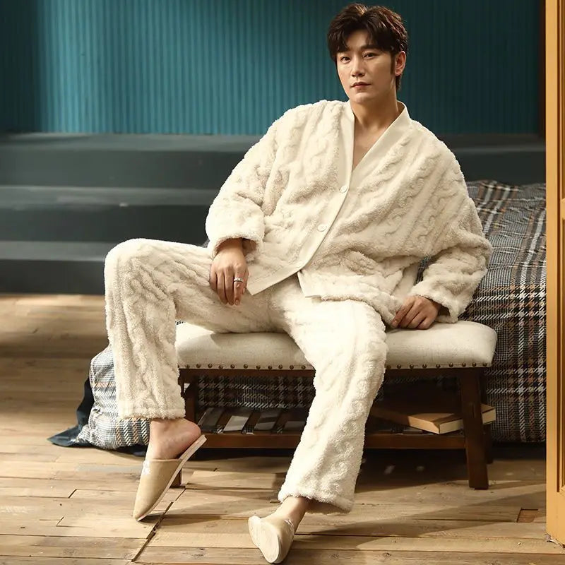 Thickened Long Flannel Pajamas Couples Sleepwear V-neck Embroidered Solid Coral Fleece Home Clothes Set for Autumn And Winter