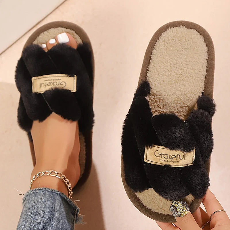 Women's Plush Fuzzy Slippers Home Fur Open-Toe Slides Autumn Winter Indoor Silent Comfort EVA Soft-Soled Bedroom Warm Flip Flops