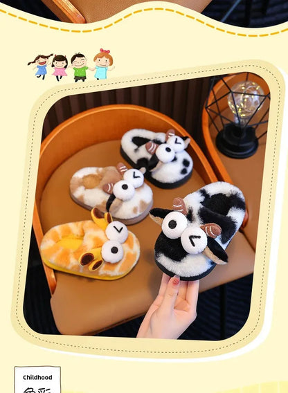 2024 New Style Children's Cotton Slippers Indoor Home Use Fall/Winter Anti-Slip Cute Little Cow Slippers Outer Wear PVC Material