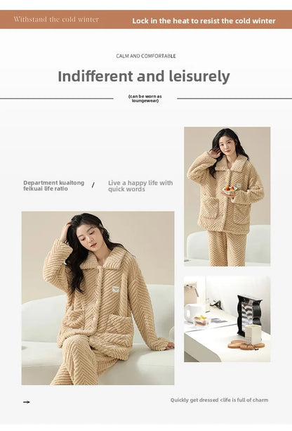 Warm Flannel Sleepwear Set for Women Long Sleeve Long Pants Casual Collar Can Be Worn outside Home Clothes Winter Collection