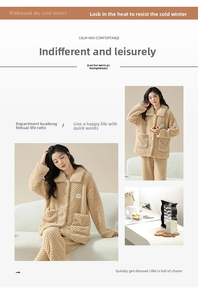 Warm Flannel Sleepwear Set for Women Long Sleeve Long Pants Casual Collar Can Be Worn outside Home Clothes Winter Collection