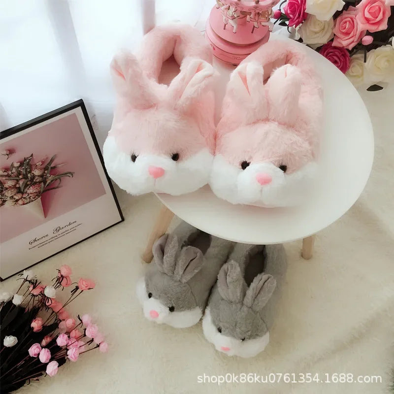 Thickened Plush Home Slippers for Men And Women Cute Rabbit Design Indoor Couples Cotton Slippers with Heel Indoor Shoes
