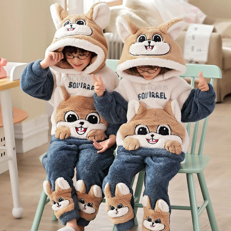 Winter Kids Fleece Pajamas Panda Children Clothing Sets Thick Hooded Pijamas for 4 6 8 12 Years Animal Cartoon Warm Home Clothes