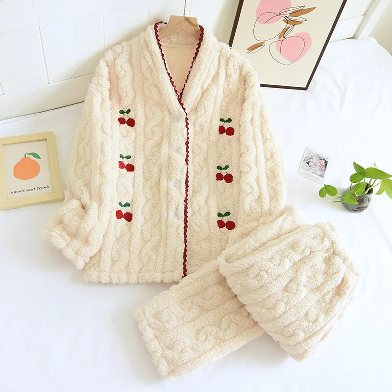 Thickened Flannel Sleepwear Set for Women Long Sleeve Long Pants Embroidered Home Clothes Soft Comfortable Winter Outfit