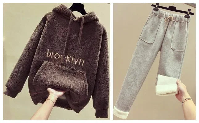 Thickened Lamb Velvet Set Women's Autumn Winter New Embroidery Sweatshirt Women's + Wool Wide Leg Pants Women Two Piece Set