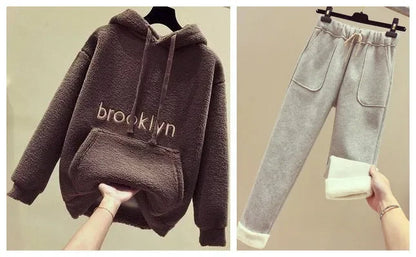 Thickened Lamb Velvet Set Women's Autumn Winter New Embroidery Sweatshirt Women's + Wool Wide Leg Pants Women Two Piece Set