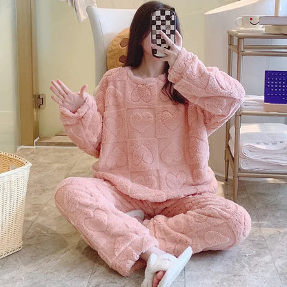 Women's Coral Fleece Sleepwear Loose Thick Home Clothes Autumn Winter New Style Warm Heart Set Outdoor Wear Fairy Style