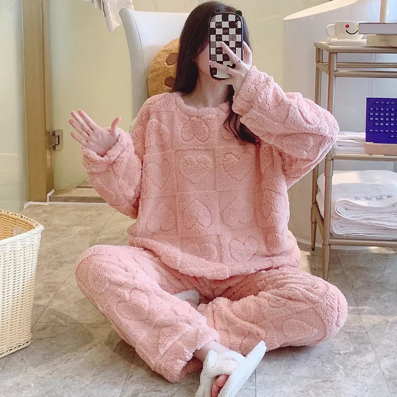 Women's Coral Fleece Sleepwear Loose Thick Home Clothes Autumn Winter New Style Warm Heart Set Outdoor Wear Fairy Style