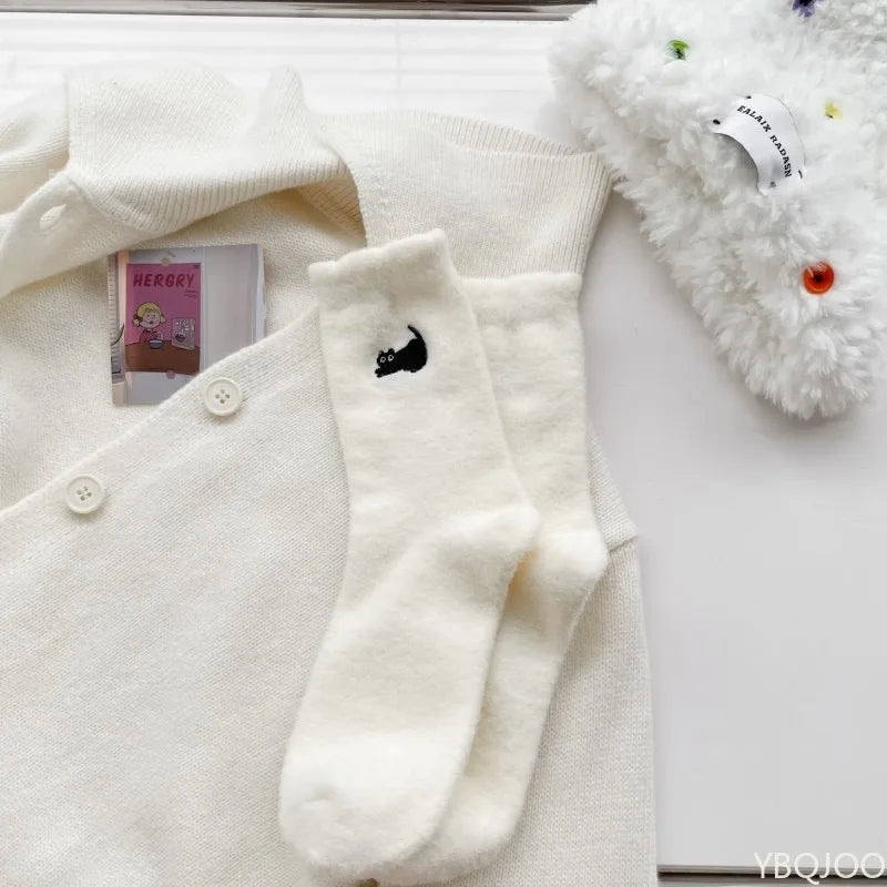 3 pairs of thick socks for women in autumn winter thick plush warm mid tube socks cartoon cute cat comfortable socks