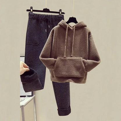 Thickened Lamb Velvet Set Women's Autumn Winter New Embroidery Sweatshirt Women's + Wool Wide Leg Pants Women Two Piece Set