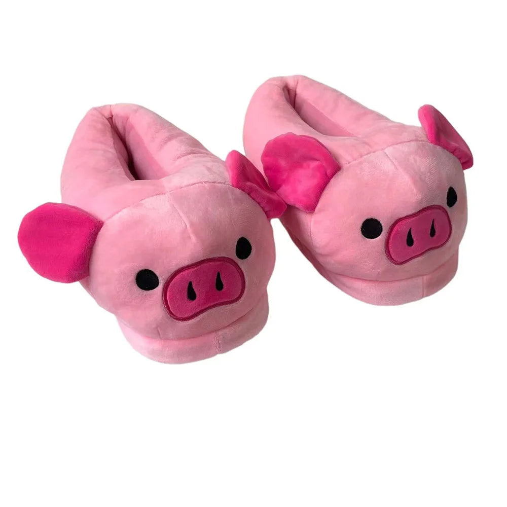 Cute Cartoon Pig Winter Warm Shoes Women Heel Cover Home Floor Slippers Soft Fur Indoor Fluffy House Bedroom Slides For Girls