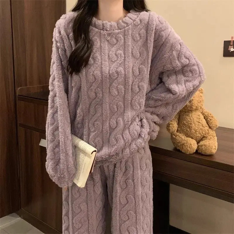 Autumn Winter Sweet Coral Fleece Pajamas Women Fleece-lined Thickened 2025 New Zip-up Flannel Warm Home Wear Set