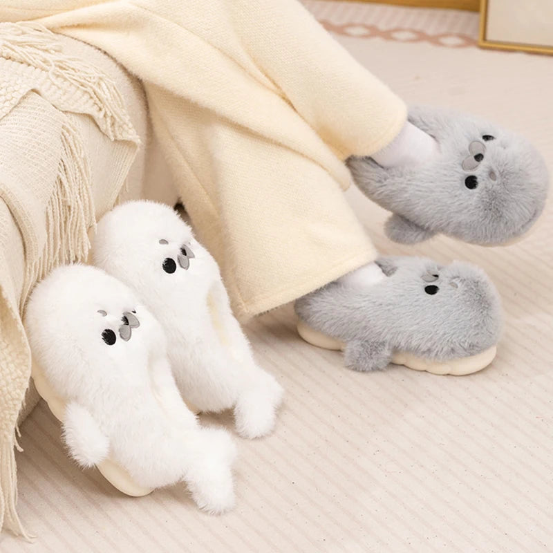 Little Seal Fluffy Home Slippers Anti-Slip Indoor Floor Shoes Cartoon Cute Plush Thicken Warm Cotton Shoes