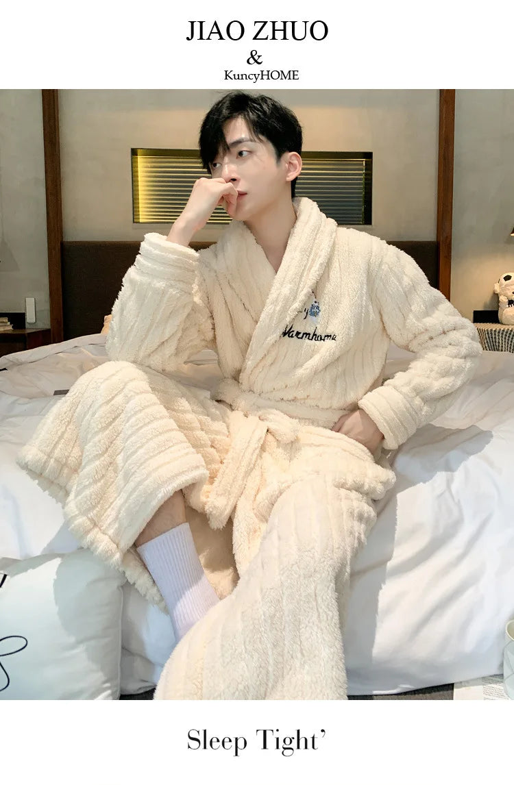 Turn-down V-neck Robes for Men 2025 New Winter Warm Flannel Robes Solid Soft Thick Fleece Sleepwear Male Casual Loose Home Wear