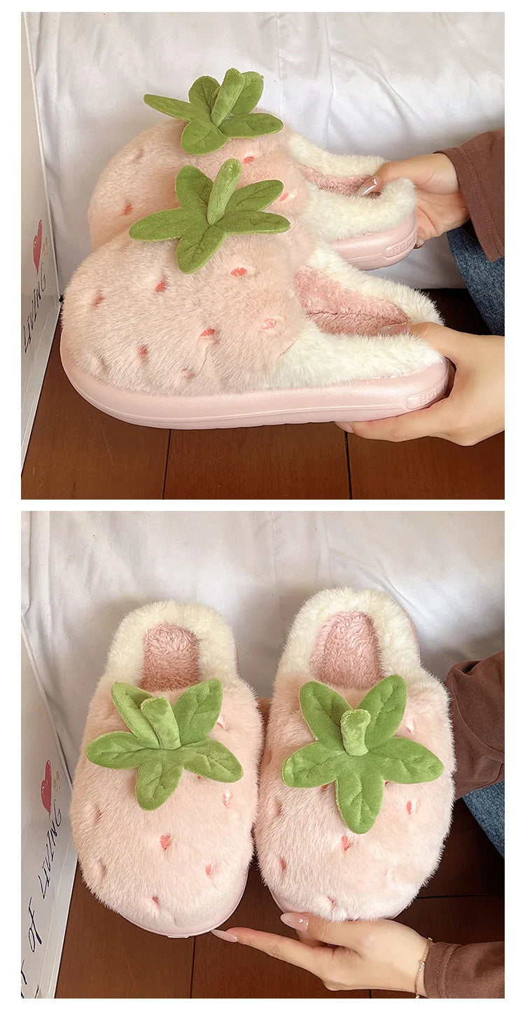 Cute Strawberry Fluffy Slippers Women's Indoor Home Warm Thick Bottom Anti-slip Outdoor Wearable Slip-On Indoor Slippers
