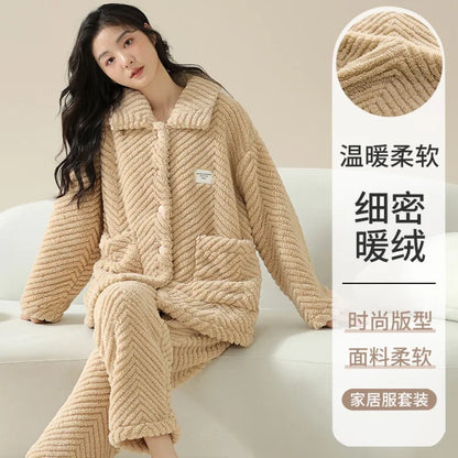 Warm Flannel Sleepwear Set for Women Long Sleeve Long Pants Casual Collar Can Be Worn outside Home Clothes Winter Collection