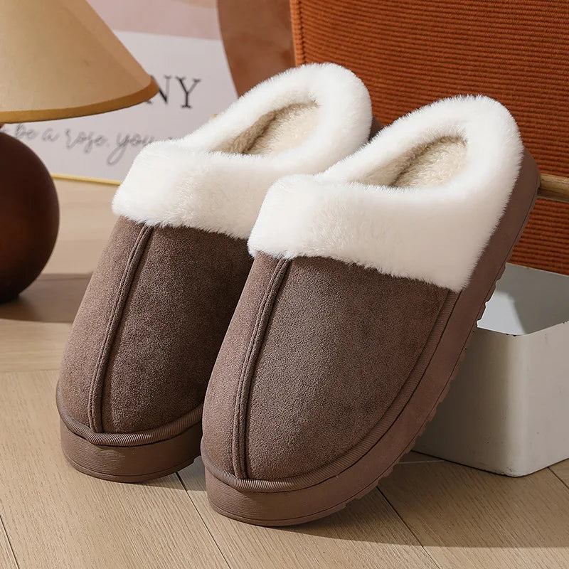 Women's plush slippers winter outdoor, thick sole non-slip fur flip flops with fur collar, warm unisex house shoes for home use