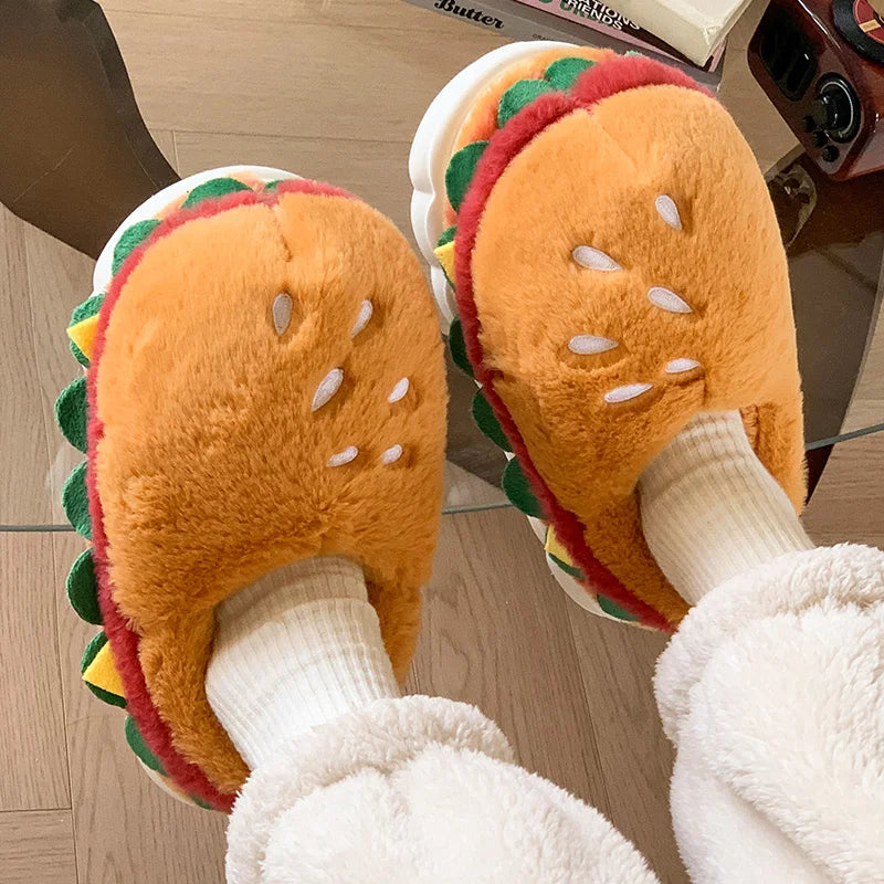 Hamburger cotton slippers for women in winter, new home bag and warm plush couple cotton shoes for women