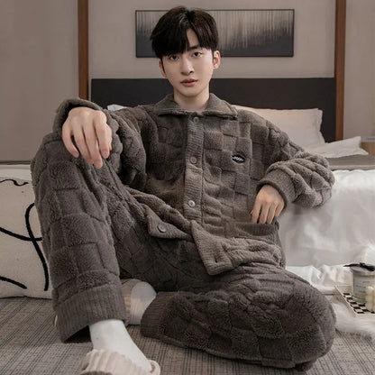 2Pcs/set men's pajamas autumn and winter padded and thickened warm long-sleeved trousers coral fleece homewear men's clothing