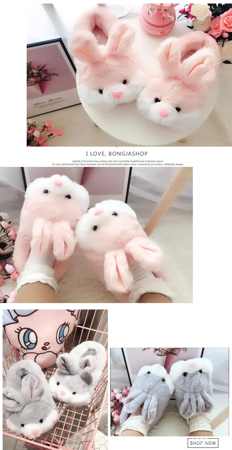 Thickened Plush Home Slippers for Men And Women Cute Rabbit Design Indoor Couples Cotton Slippers with Heel Indoor Shoes