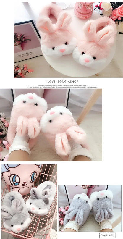 Thickened Plush Home Slippers for Men And Women Cute Rabbit Design Indoor Couples Cotton Slippers with Heel Indoor Shoes