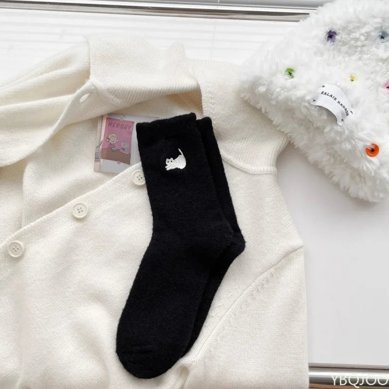3 pairs of thick socks for women in autumn winter thick plush warm mid tube socks cartoon cute cat comfortable socks