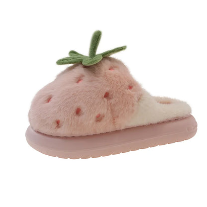 Cute Strawberry Fluffy Slippers Women's Indoor Home Warm Thick Bottom Anti-slip Outdoor Wearable Slip-On Indoor Slippers