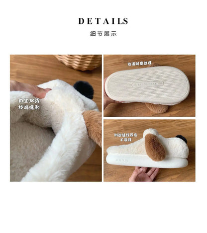 Women Home Soft Sole Cotton Slippers Cartoon Cute Dog Fluffy Slippers Female Winter Slides Ladies Plush Indoor Flats Flip Flops