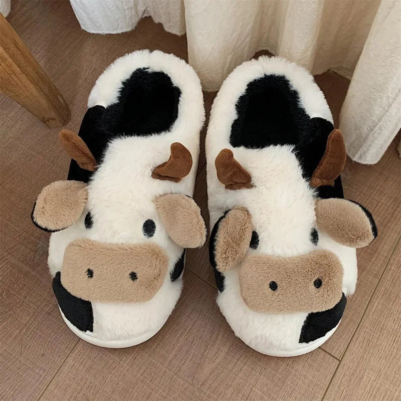 Gacimy Winter Plush Slippers For Women Cute Milk Cow Fluffy Cotton Shoes Girls Fashion Cartoon Indoor Warm Comfortable Slippers
