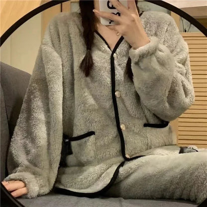 2024 New Women's Sleepwear Autumn/Winter Thickened Fleece-Lined Sweet Cute Coral Velvet Home Suit Cross-Border
