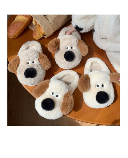 Women Home Soft Sole Cotton Slippers Cartoon Cute Dog Fluffy Slippers Female Winter Slides Ladies Plush Indoor Flats Flip Flops