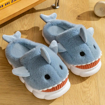 Men's Home Slippers Autumn and Winter New Interesting Cartoon Shark Plaid Cotton Slippers